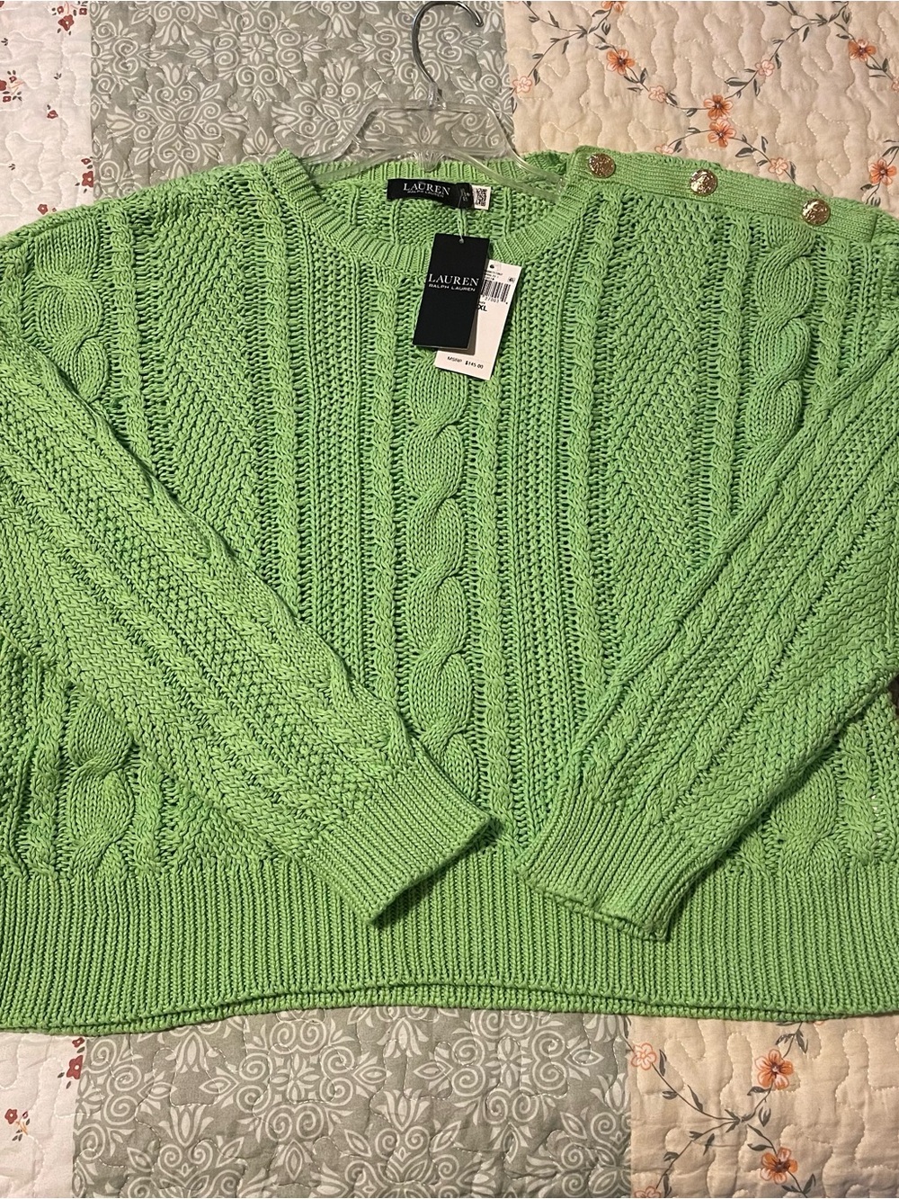 Lauren Ralph Lauren Green Cable-Knit Crewneck Sweater with Shoulder Buttons